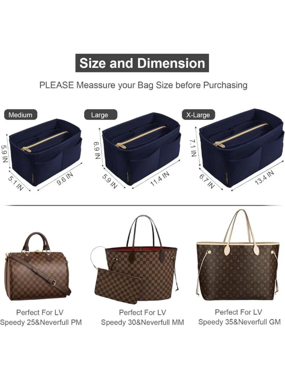 Purse Organizer Insert - Felt Tote Bag Divider with 5 Sizes for Handbag Storage